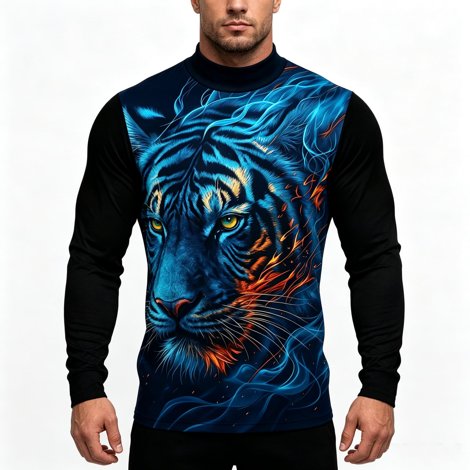 Tee Graphic Print - Neonowy Niebieski Płomień Tygrys Zwierzę Grafika